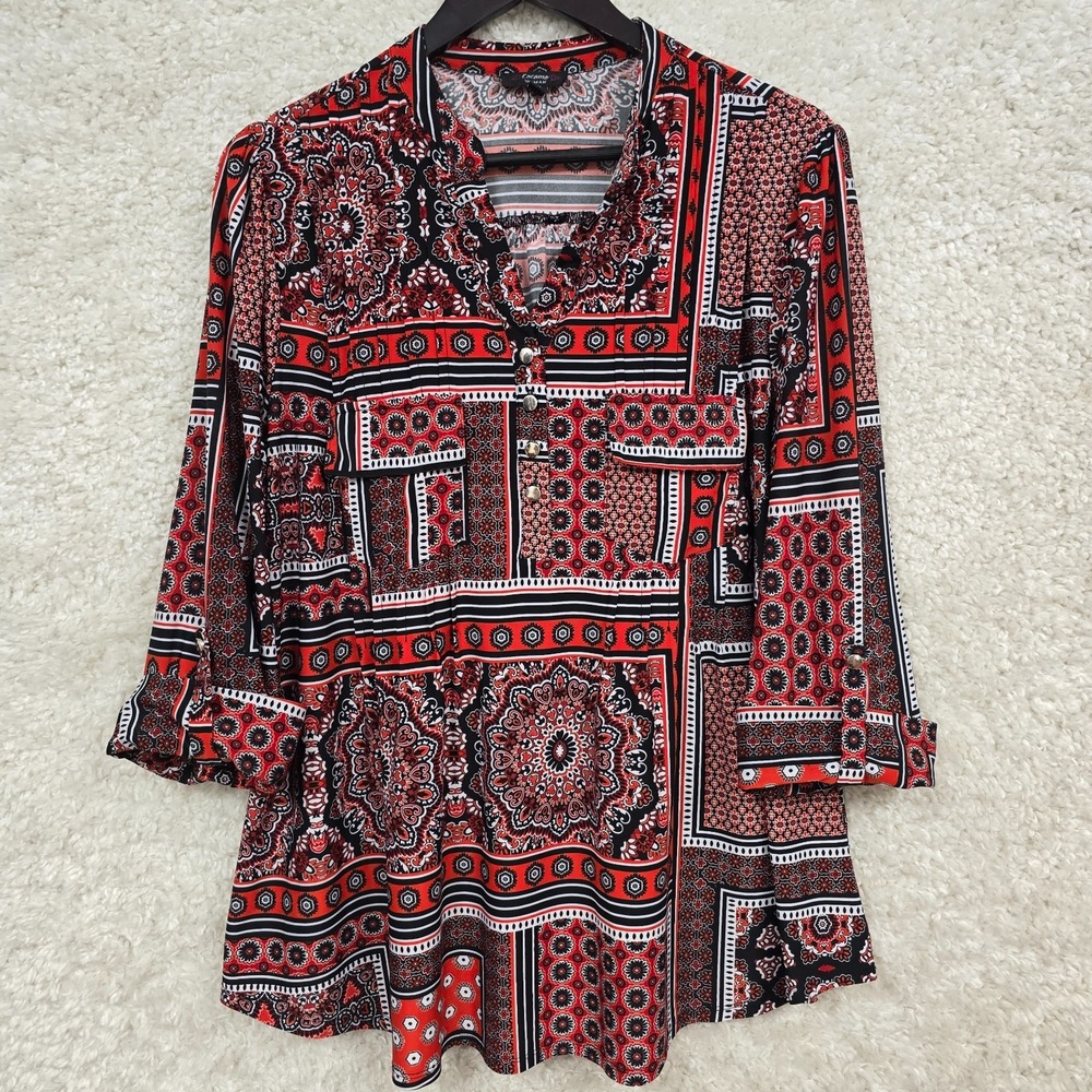 Cocomo Woman Tunic Top Womens 1X Red Black Patchwork Bandana Print Boho Tunic